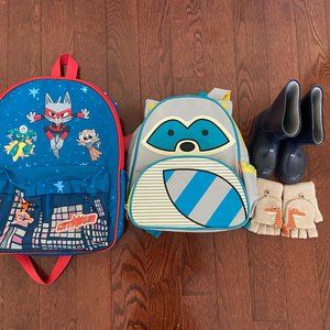 Boys backpacks, rain boots, mittens 4 pieces